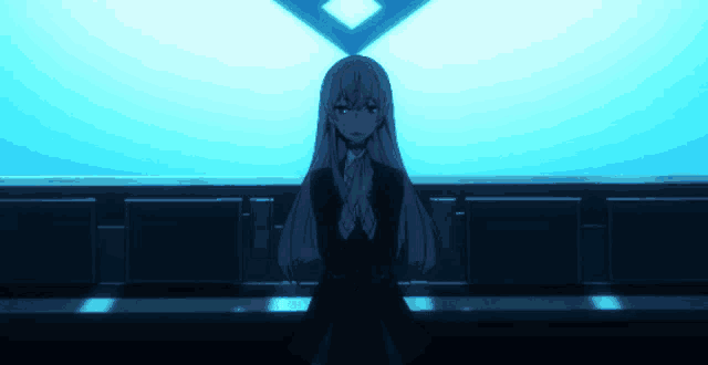 a girl with long purple hair is sitting in front of a blue wall