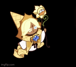 a cookie from a video game is holding a flower and a wand .