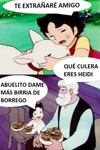 a cartoon of heidi holding a rabbit and a man holding a bowl of cereal