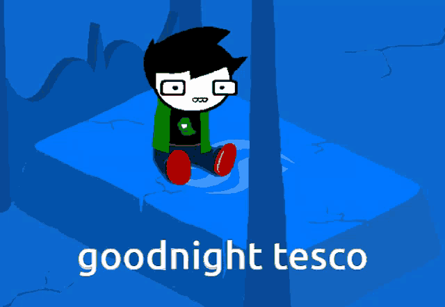 a cartoon character is laying on a blue blanket with the words goodnight tesco below him