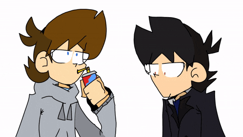 two cartoon characters are standing next to each other one is drinking a soda