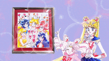 a framed picture of sailor moon with bubbles behind her