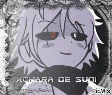 a black and white drawing of a cartoon character with a red eye and a scarf around his neck .