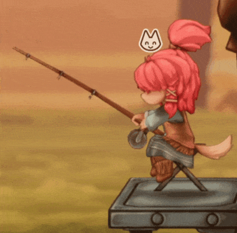 a girl with pink hair is holding a fishing rod with a smiley face on her head