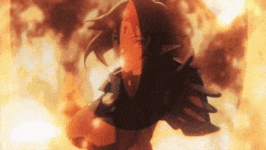 a drawing of a girl with a red circle on her forehead standing in front of a fire