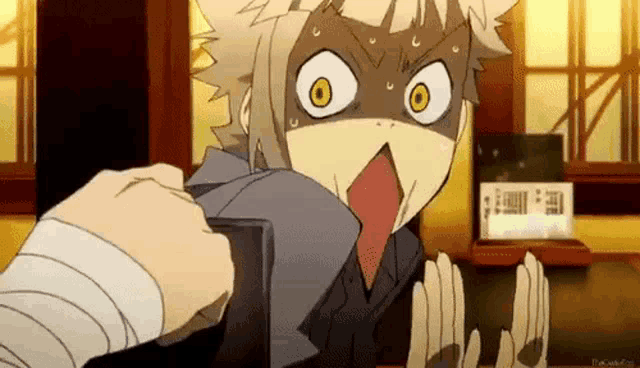 a cartoon character with a bandaged arm is making a surprised face while holding a box .