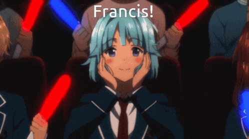 a girl with blue hair is sitting in a dark room with the words francis above her