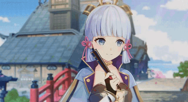 a girl with blue hair is holding a sword in front of a building