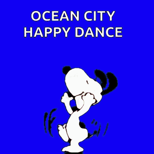 snoopy is jumping in the air on a green background with the words ocean city happy dance written below him .