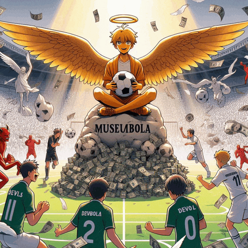 a cartoon of soccer players in front of a pile of money that says musembolo on it