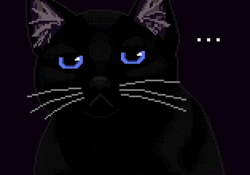 a pixel art drawing of a black cat with blue eyes .