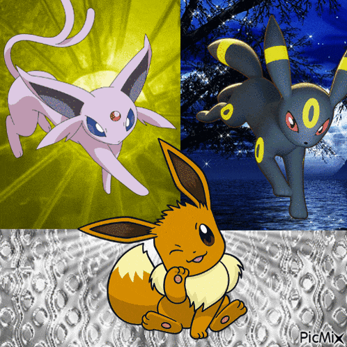a collage of three pictures of eevee including one that says picmix on the bottom