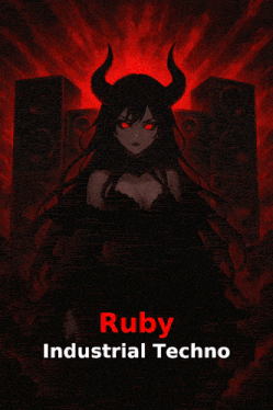 a poster for ruby industrial techno features a demon girl with red eyes