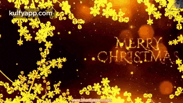 a merry christmas greeting card with yellow snowflakes on a black background