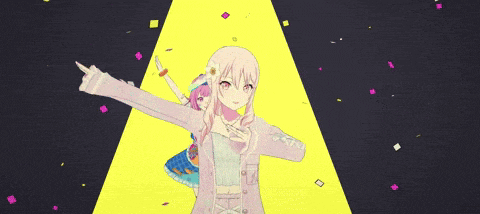 two anime girls are standing next to each other on a stage