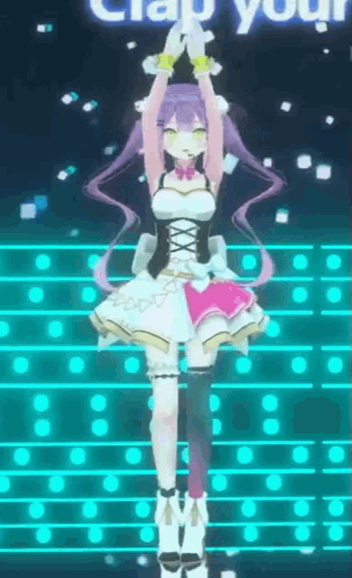 a 3d anime girl is standing on a stage with her hands in the air .