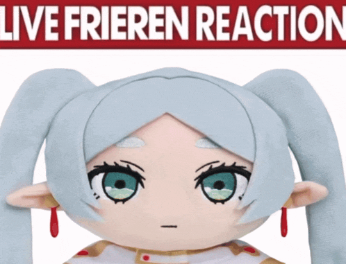 a stuffed doll with blue hair and red earrings stands in front of a sign that says live frieden reaction