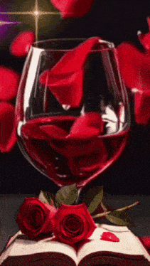 a glass of red wine sits on an open book with two red roses