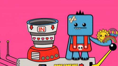 a cartoon drawing of a machine that says make pancake on the bottom