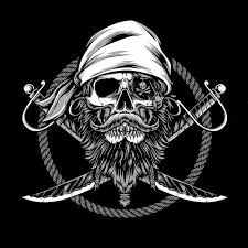 a black and white illustration of a pirate skull with a beard and sword .