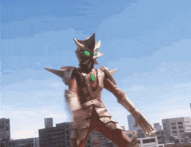 a cartoon character with green eyes is standing in a city