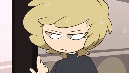 a cartoon character with blonde hair and a black shirt giving the middle finger