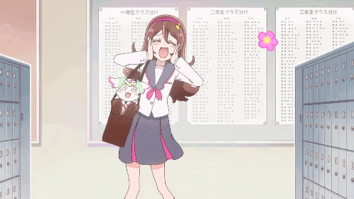 a girl in a school uniform is standing in front of a sign that says ' a ' on it