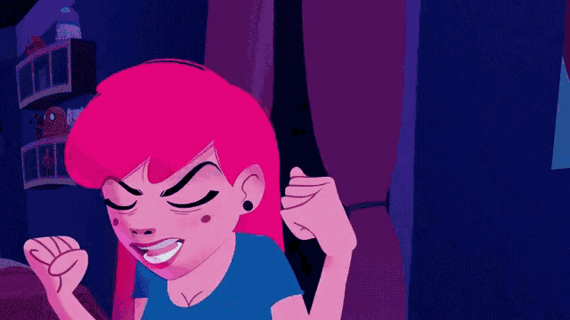 a cartoon character with pink hair and black earrings is making a funny face