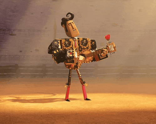 a cartoon character holding a guitar and a rose