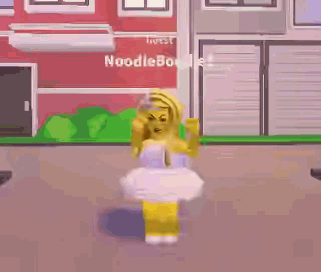 a girl in a white dress is standing in front of a building with the name noodleboodle1 on it .