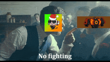 a man in a suit is pointing at another man with a picture of a devil and the words no fighting