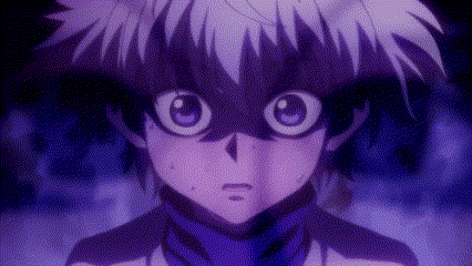 a close up of a person 's face with purple hair and big eyes .