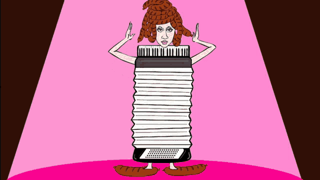 a cartoon drawing of a woman with an accordion instead of a dress
