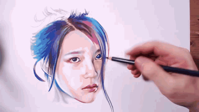 a person is drawing a woman with blue hair