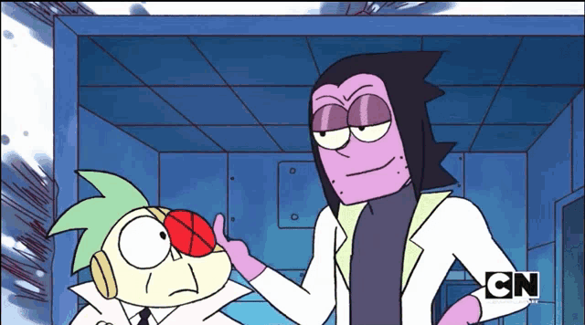 two cartoon characters are standing next to each other with cn written on the bottom