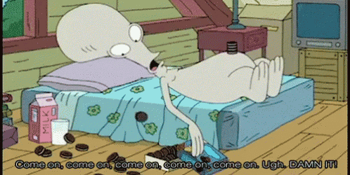 a cartoon of an alien laying on a bed with milk and cookies