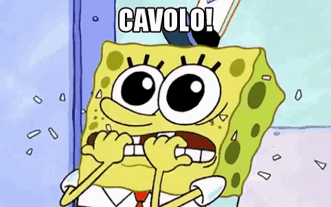 a cartoon of spongebob with the words cavolo written on the bottom