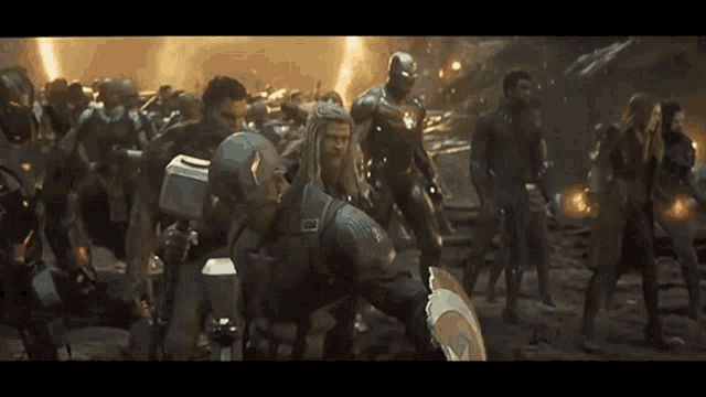 a group of avengers including captain america thor and iron man are gathered together
