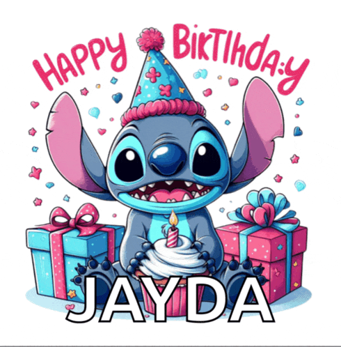 a birthday card for jayda with stitch holding a cupcake and a candle