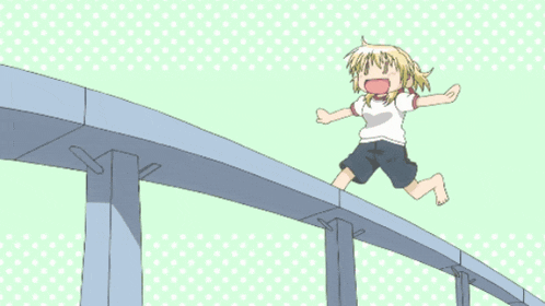 a cartoon girl is jumping over a bridge with her mouth open