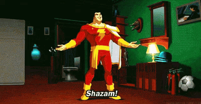 a cartoon character named shazam is standing in a room
