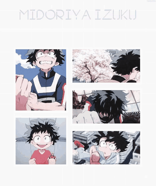 a collage of images of midoriya izuku shows him in different situations
