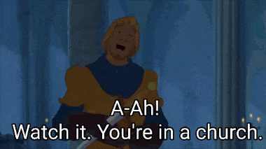 a cartoon of a man holding a sword with the words a-ah watch it you 're in a church below him