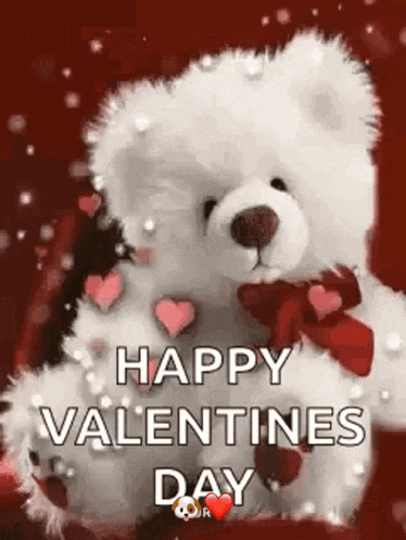 a teddy bear is sitting on a red background with hearts around it and the words `` happy valentines day '' .
