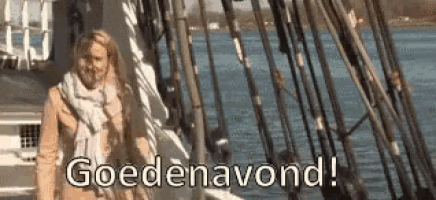 a woman is standing in front of a boat with fishing rods in the water and says goedeavond !