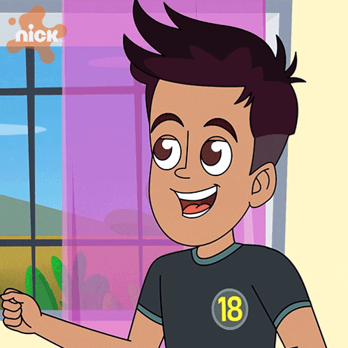a cartoon boy wearing a black shirt with the number 18 on it