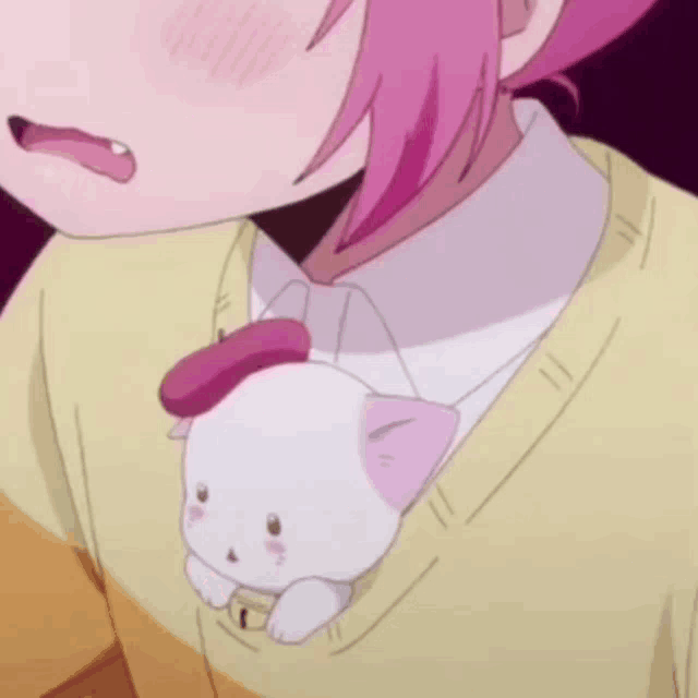 a girl with pink hair is holding a stuffed cat in her sweater .