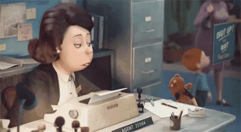 a cartoon woman is sitting at a desk with a typewriter and a teddy bear .