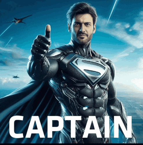 a man in a superman costume giving a thumbs up with the word captain below him