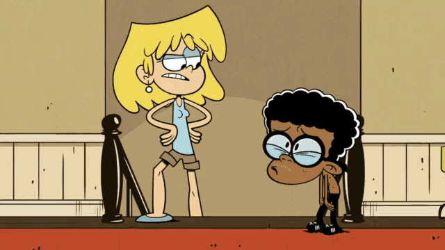 a couple of cartoon characters standing next to each other one of which is a girl